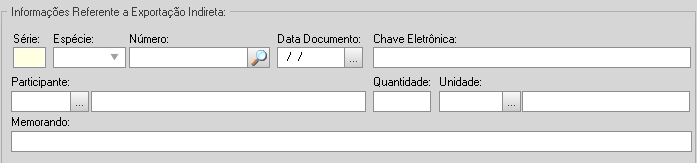 Para a exportação Indireta, no cadastro dos itens, é necessário o preencimento de algumas informações adicionais como mostra a figura a seguir: Série: Informar a Série do documento fiscal; Espécie: