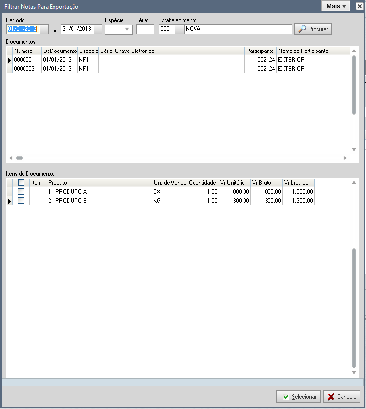 Ao informar o período, selecionar os estabelecimento e clicar no botão Procurar, serão exibidos todos os documentos de exportação e seus respectivos itens.