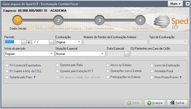 Na tela anterior, informe o período da geração da ECF e se a escrituração é original ou retificadora.