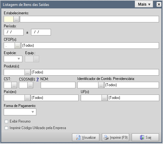 ITENS Clique no menu Relatórios Listagem das Saídas, opção Itens, para que seja exibida a figura a seguir; Figura 523 1. Estabelecimento: Informar o estabelecimento a ser visualizado; 2.