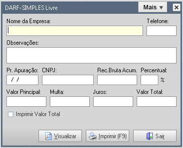 2. Telefone: Informar o número de telefone; 3. Observações: Informar a observação para que seja visualizado na impressão da DARF Livre; 4. Período de Apuração: Informar o período de apuração; 5.