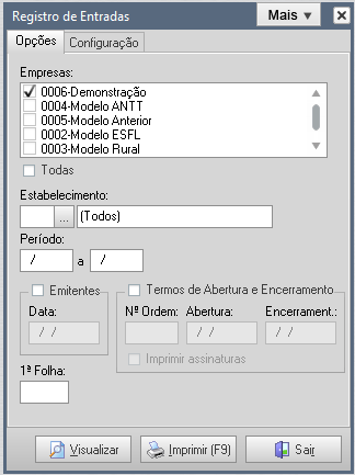 Figura 559 1. Estabelecimento: Informar o estabelecimento a ser visualizado, ou se desejar poderá deixar em branco para visualizar os Registros de Entradas de todos os estabelecimentos; 2.