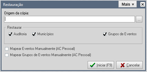 Figura 595 Origem da Cópia: Selecionar o caminho do arquivo de backup; Restaurar: Selecionar as opções que deseja restaurar no arquivo do backup; Grupo de Eventos, Mapear Eventos Manualmente (AC