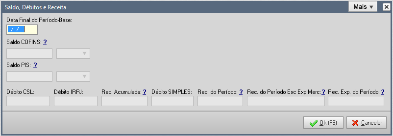 8 SALDO, DÉBITOS E RECEITA Permite informar saldos anteriores referentes aos tributos federais como por exemplo o