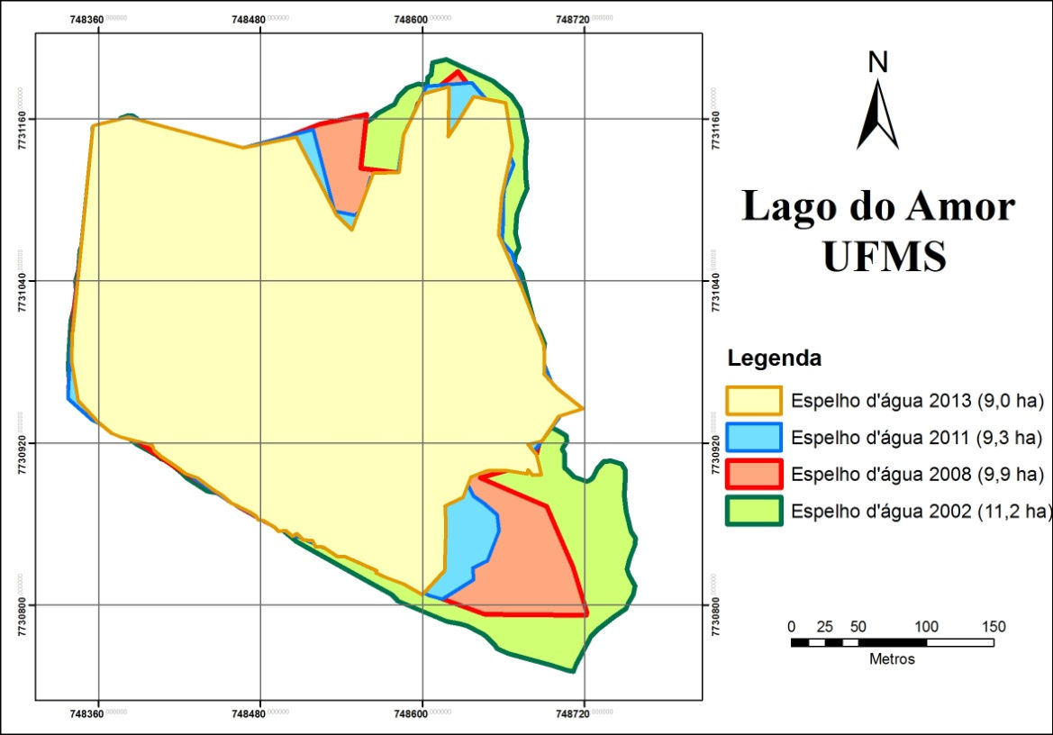 RESULTADOS E DISCUSSÃO Relativo à área do reservatório A evolução do espelho d água do lago, entre os anos de 2002 e 2013, está apresentada na Figura 5.