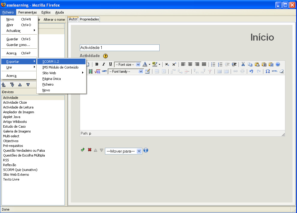 Figura 10: tela do software ExeLearning mostrando o menu para exportar aula no formato SCORM. 2.