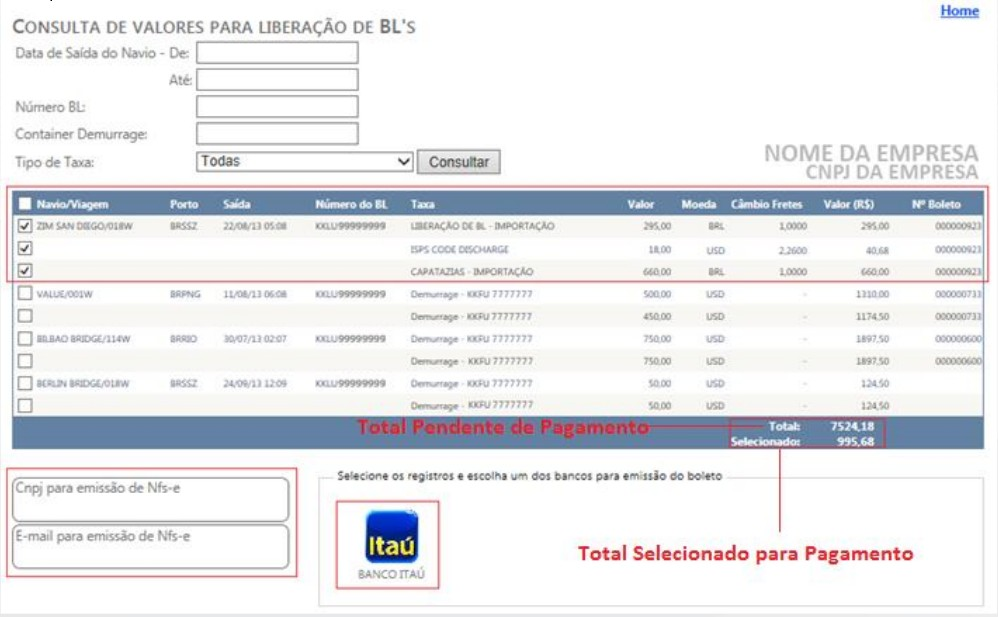 Uma vez selecionado(s) o(s) processo(s) e taxas para pagamento, o sistema exibirá no final da lista o