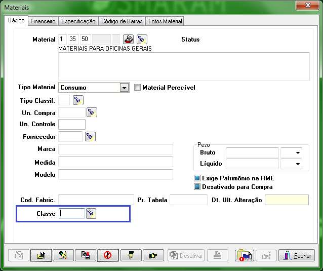 Figura 5-Cadastro do Material Classe do Material 4.