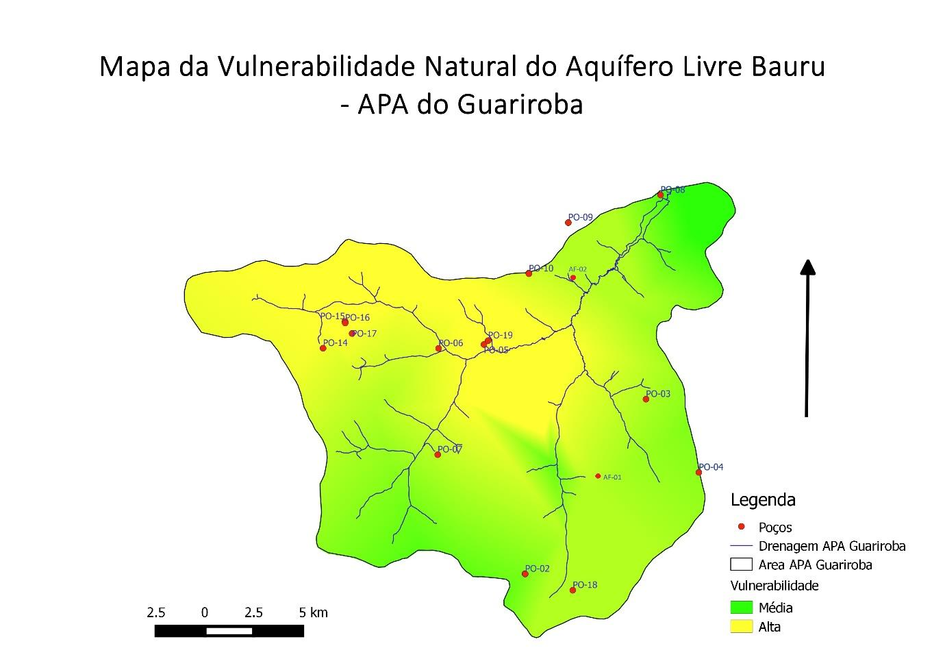 Pode-se observar que as porções noroeste e central do aquífero livre possui vulnerabilidade natural alta, devido principalmente à grande concentração de areia na composição do solo, em que as