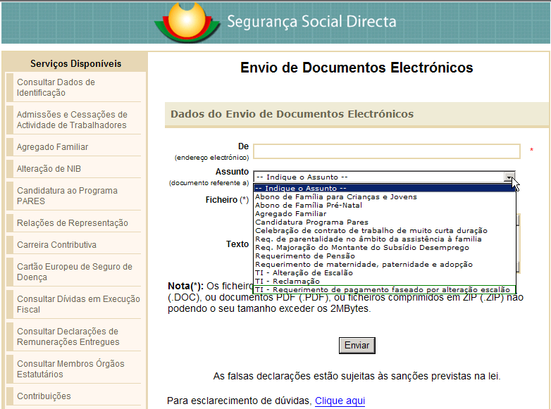 2.4 Documentos Eletrónicos Envio de Requerimento de pagamento faseado por alteração de escalão Trabalhadores Independentes Nesta página o cliente poderá enviar o Requerimento de pagamento faseado por