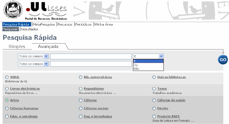 Fig.2 Pesquisa Rápida, Avançada Seleccione a opção Pesquisa rápida. Clique na opção Pesquisa Avançada. Seleccione o conjunto de recursos onde pretende pesquisar.