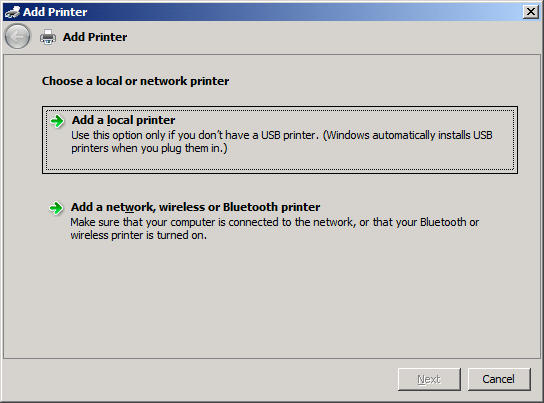 5. Em Choose a local or network printer (Escolher uma impressora local ou de rede), clique no botão Add a local printer (Adicionar uma impressora local).