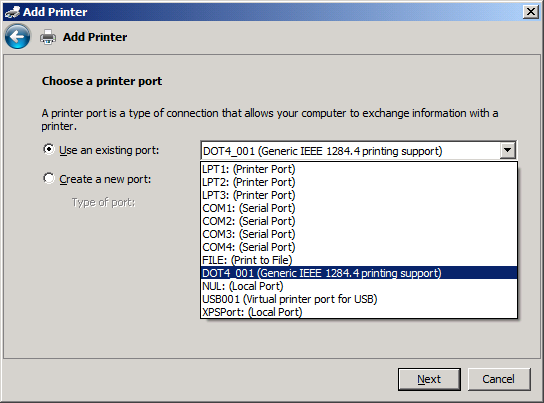 7. No menu suspenso Use an existing port (Usar uma porta existente), selecione o nome ou