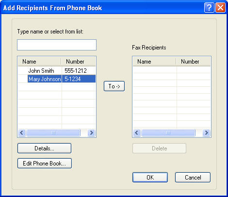 2. Na caixa de diálogo Add Recipients From Phone Book (Adicionar destinatários ao catálogo telefônico), selecione o nome que deseja editar e clique em