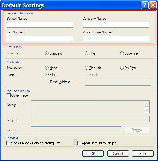 2. Em Sender Information (Informações do remetente), na caixa de diálogo Default Settings (Configurações padrão), digite o nome do remetente padrão, o nome da empresa, o número do fax e o número do