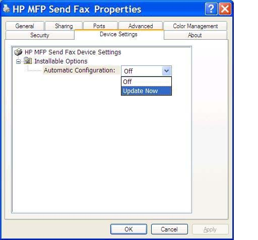 3. Na caixa de diálogo HP MFP Send Fax Properties (Propriedades de envio de fax do MFP da HP), clique em Device Settings (Configurações do dispositivo). 4.