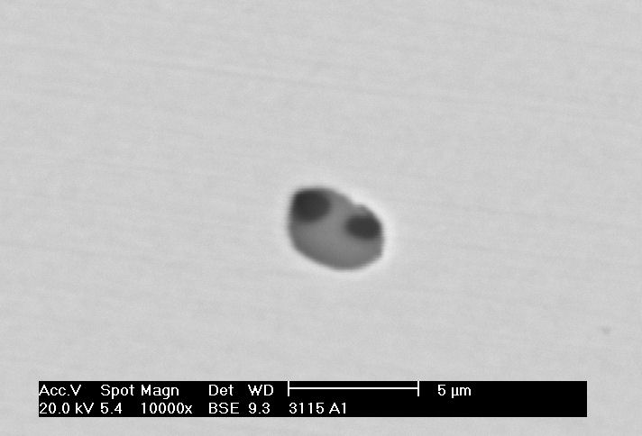 A inclusão é um sulfeto de manganês do tipo I, comum em aços desoxidados com Si e com alto teor de oxigênio dissolvido.