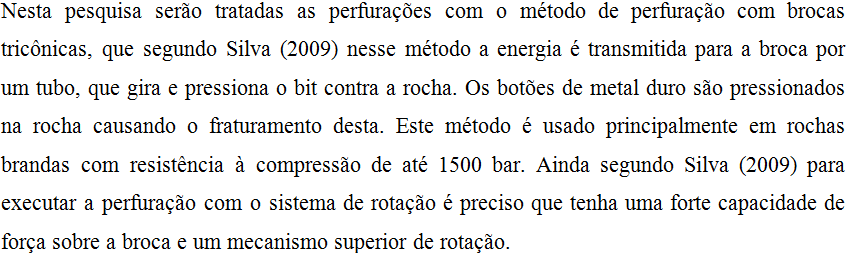João_Pessoa/PB, Brasil, de 03 a 06 de outubro de 2016 Para Guazzelli (2013) a perfuração é influenciada por diversos fatores que envolvem principalmente o tipo de equipamento e a litologia perfurada