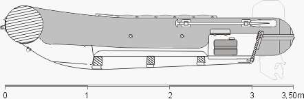 Vista em corte Flutuadores Flutuadores construídos com tecido francês tipo ORCA de poliéster (1100 Decitex) emborrachado em uma das faces com duas camadas de Hypalon e na outra face com duas camadas