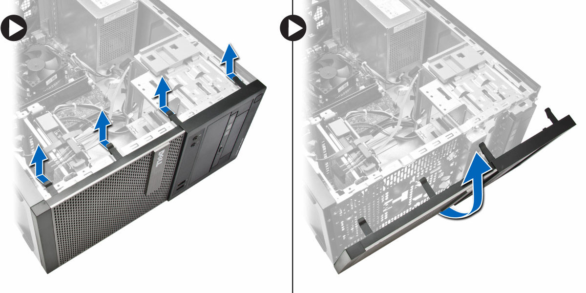 Como instalar a tampa frontal 1. Insira os ganchos próximos à borda inferior da tampa frontal nos encaixes na frente do chassi. 2.