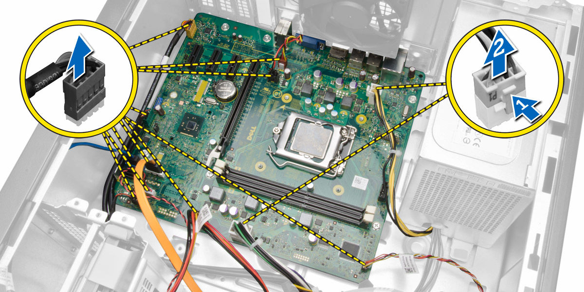 Como remover a placa de sistema 1. Siga os procedimentos descritos em Antes de trabalhar na parte interna do computador. 2. Remova a/o: a. tampa b. memória c. as placas de expansão d.