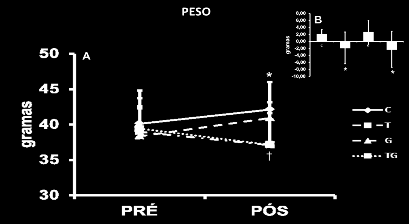 Representação do peso nos períodos pré e pós tratamento (A), representação do peso relativo ao final do tratamento (B). Os valores foram expressos em média + DP.