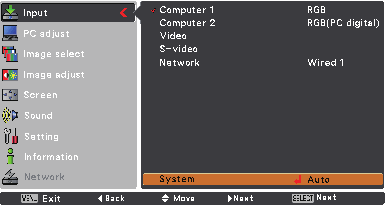 de vídeo 2 Selecção do sistema de vídeo 1 Prima o botão MENU para visualizar o menu apresentado no ecrã.