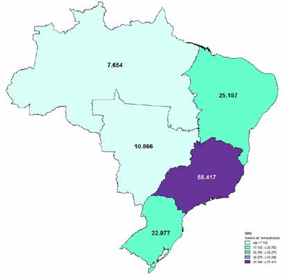 26 MERCADO DE TRABALHO FARMACÊUTICO NO BRASIL - 2010 A 2015 Mapa 1. Distribuição do número de farmacêuticos com vínculo formal de trabalho por regiões Brasil (2015). Fonte: RAIS - MTE (BRASIL, 2015a).