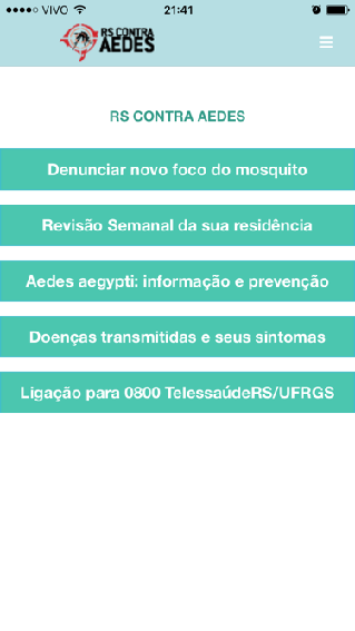 2 Cliente: TelessaúdeRS/UFRGS Projeto: App para campanha RS Contra Aedes O App tem quatro principais funcionalidades: Um formulário para denúncia de foco de mosquito baseado em GPS; Um questionário