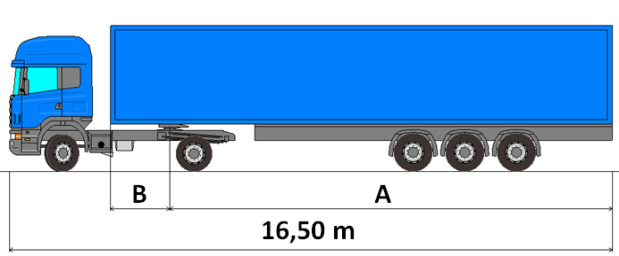 Comprimento máximo admissível para um conjunto veículo tractor / semi-reboque 16,50 m Adicionalmente para o conjunto veículo tractor / semi-reboque