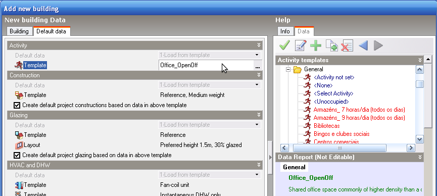 5. Na aba Default data na secção Activity escolha o Template usado por defeito no edifício, clicando em Office_OpenOff e escolhendo a tipologia ou espaço complementar desejado, na coluna do lado