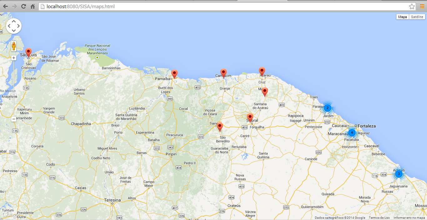 Figura 2. Mapa personalizado com possíveis casos e focos de dengue.