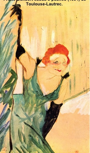 Ivette Guilbert que Saúda o Público, 1894 de Toulose-Lautrec. Nesta pintura vemos a economia de traços e cores retratando uma artista que agradece ao público com um sorriso triste.