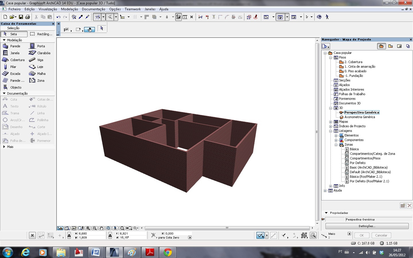 Para visualizar como está ficando o projeto em 3D, pressione o atalho f5 ou acione o menu Mapa de Projeto > 3D > Perspectiva Genérica.