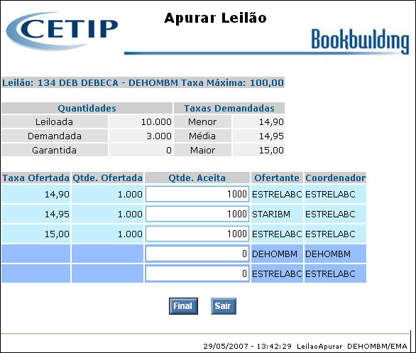 Apuração de Leilão Através dessa função o Coordenador-Líder/Apurador informa a quantidade a ser vendida aos participantes ofertantes. Essa operação deixa o leilão com estado Em Apuração.