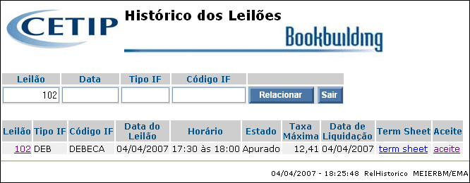 Histórico Relaciona os leilões passados, no intuito de prover ao mercado todas as informações dos leilões já ocorridos.