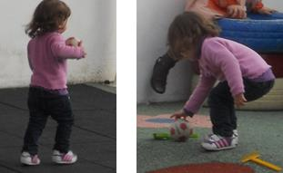 A menina atirava a bola ao chão e depois apanhava-a. A ação motora implicada na exploração decorreu sempre desta forma. A exploração da bola durou cerca de 10 minutos.