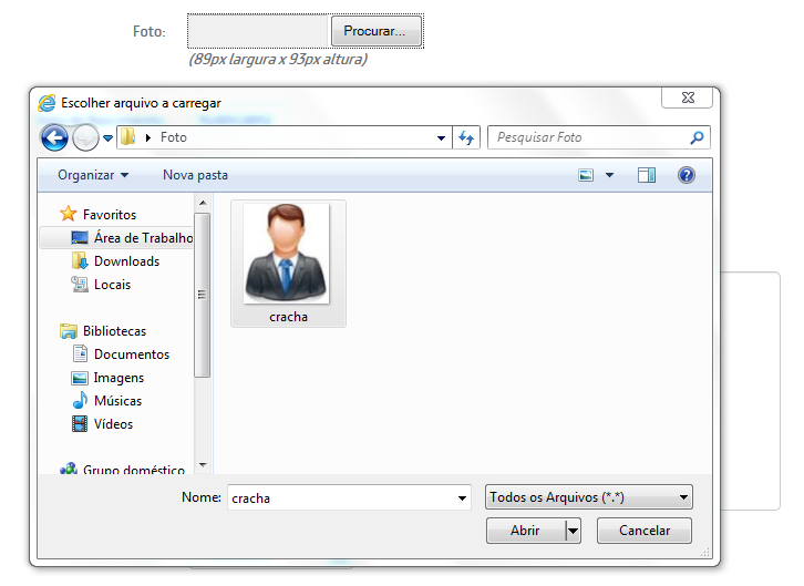 No campo Foto, clique em Procurar. Localize e selecione a foto do empregado em sua máquina (estilo 3x4) e clique em Abrir, para que a imagem seja disponibilizada.