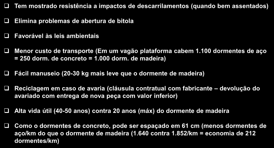 DORMENTES DE AÇO - Vantagens Tem mostrado resistência a impactos de descarrilamentos (quando bem assentados) Elimina problemas de abertura de bitola Favorável às leis ambientais Menor custo de