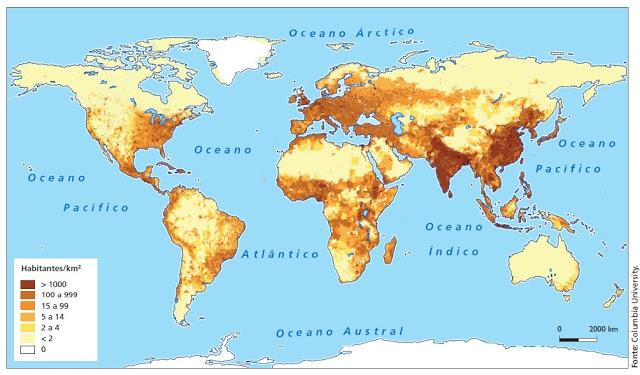 O que podemos observar no mapa em relação a distribuição da população mundial por continente, por exemplo?