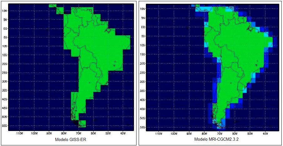 RESULTADOS E DISCUSSÃO A Figura 3 exemplifica a diferença na resolução entre dois modelos GISS-ER e MRI- CGCM2.3.2, fornecidos pelo IPCC-AR4.