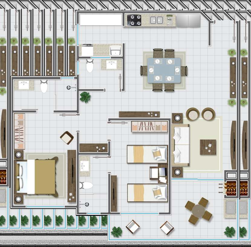 Aptos 104, 105, 204 e 205 dos Blocos Joaquina e Moçambique A. Serv A=4,13m² Cozinha A=4,30m² Lavabo A=2,86m² Estar/Jantar A=30,27m² Suíte 1 A=12,00² Circ.