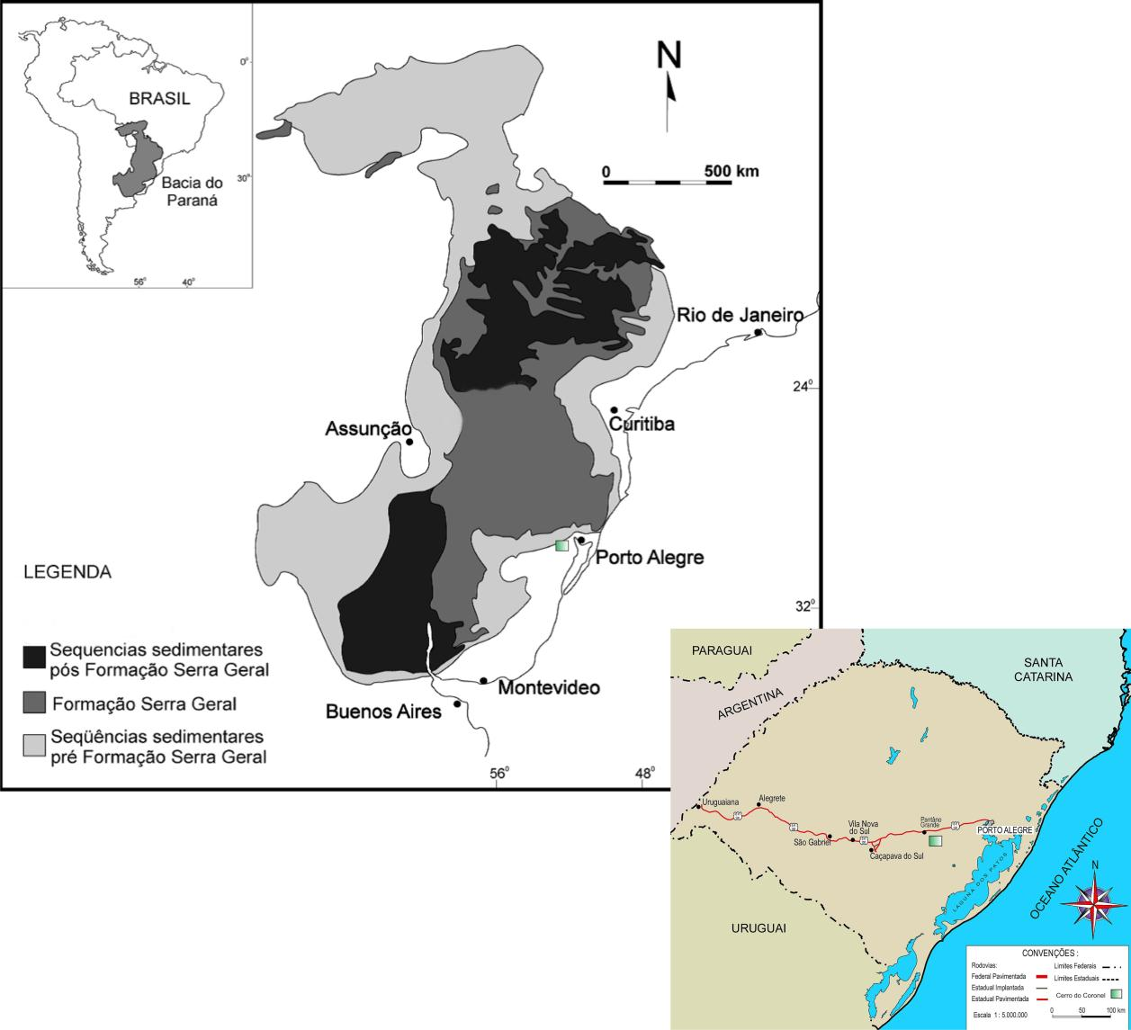 12 Figura 1 - Mapa Geológico simplificado da Bacia do Paraná e abaixo o mapa de localização da área de estudo destacada em verde.