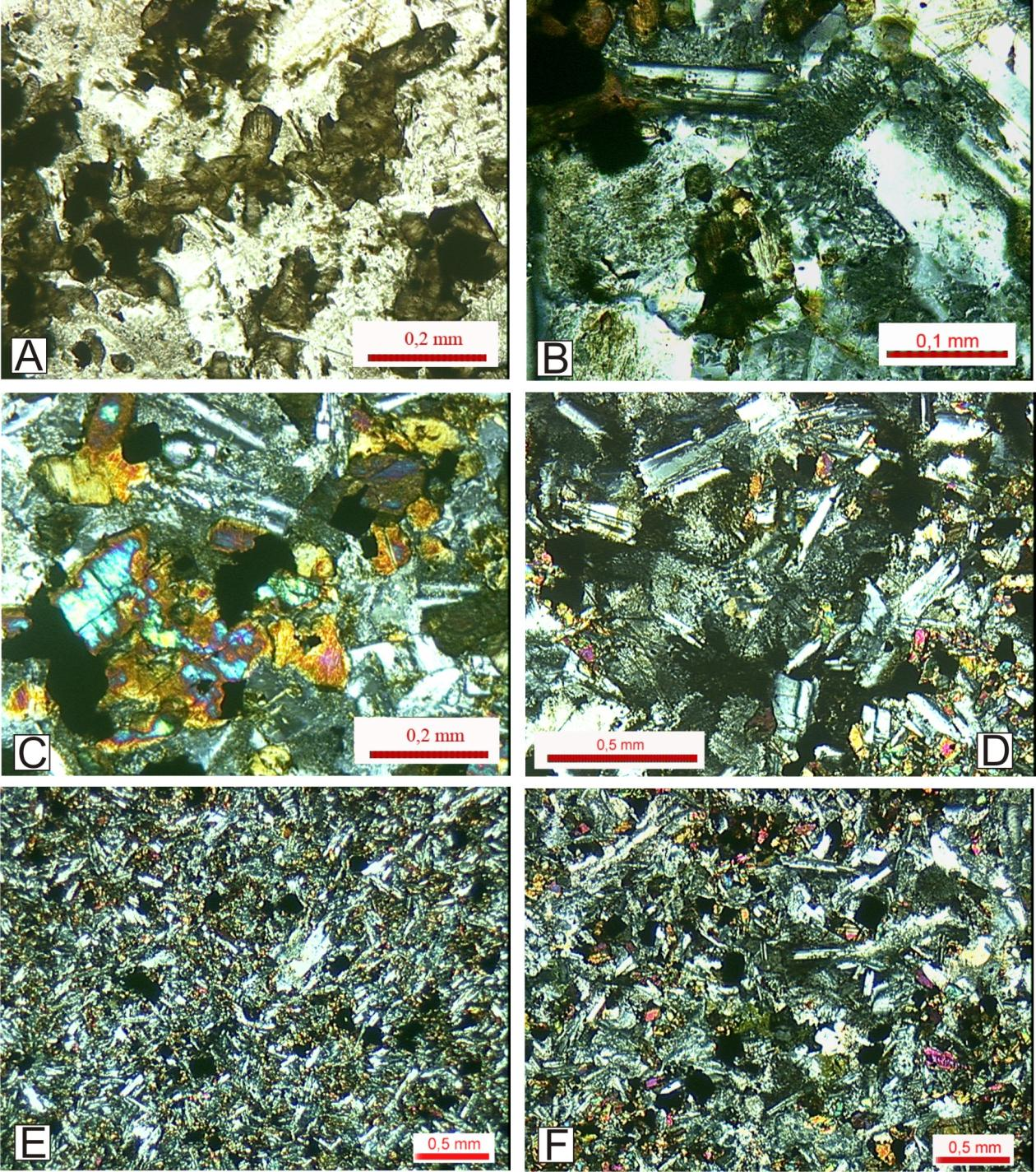 Figura 12 Fotomicrografias mostrando: (A) Textura intergranular, onde cristais ripiformes de plagioclásio apresentam cristais intersticiais de clinopiroxênio amarronado, além de minerais opacos.