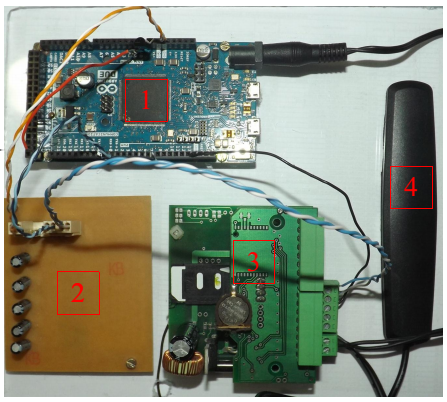 Figura 6 - Placa sistema de monitoramento da temperatura do óleo isolante: 1) Arduino; 2) Placa de conversão TTLRS232; 3) Modem GPRS; 4) Antena.