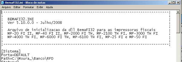 Configurando arquivo de inicialização [Sistema] Porta=DEFAULT -> Deixando a porta como DEFAULT a DLL busca automaticamente a porta que a impressora está ligada.