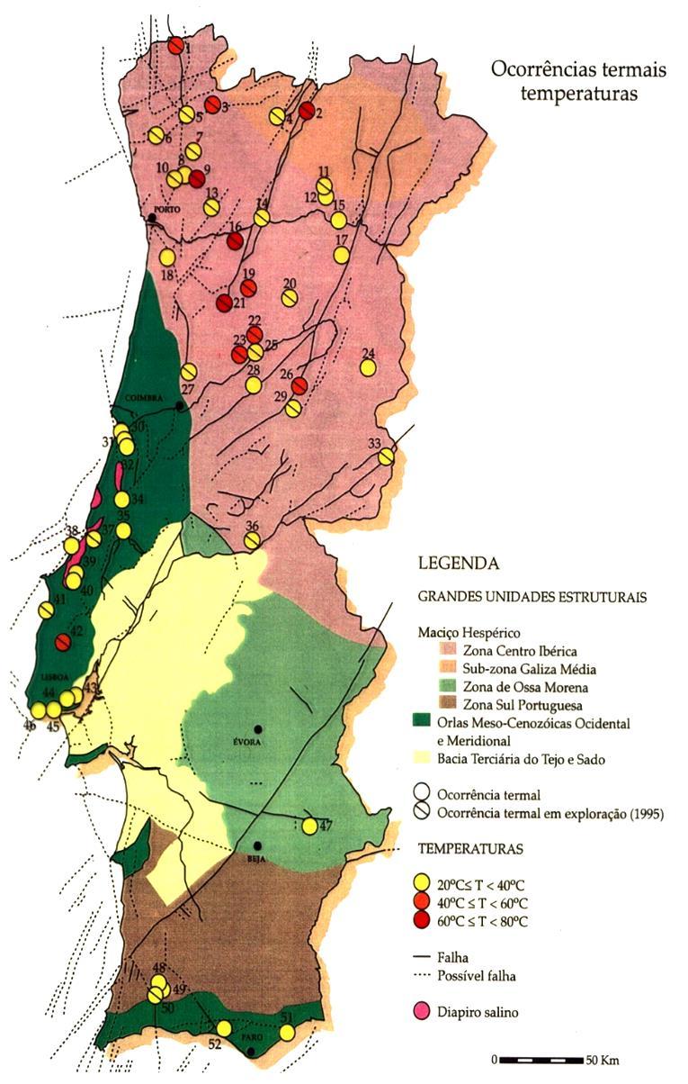 e a geomorfologia também possuem um peso preponderante (Lourenço, 1998; IGM, 1998; Aires-Barros & Marques, 2000). Figura 1 Ocorrências termais: Temperatura (T). Adaptado de IGM (1998).