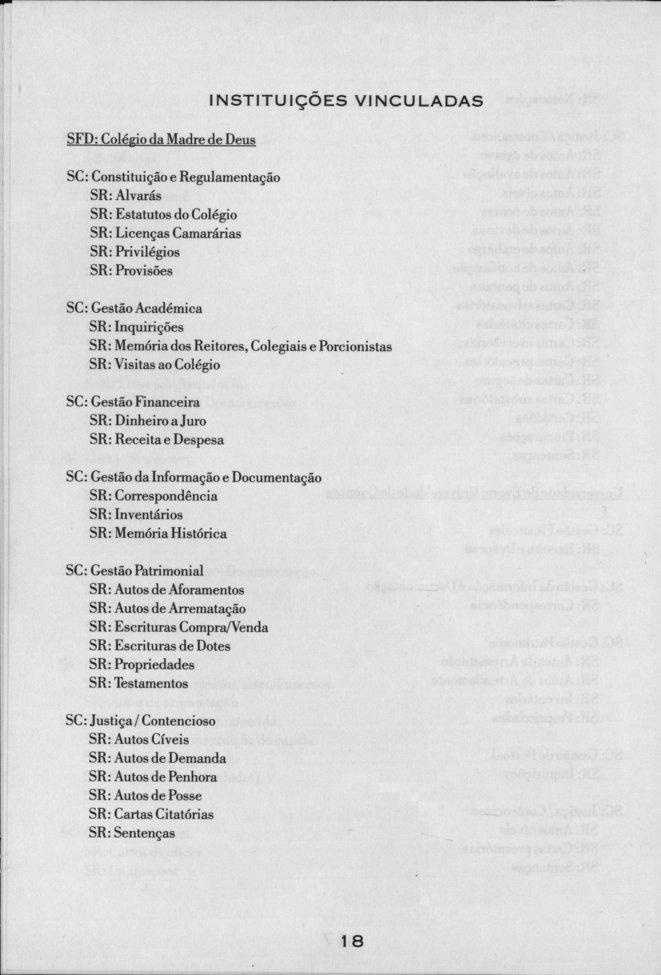 INSTITUIÇÕES VINCULADAS SFD: Colégio da Madre de Deus SC: Constituição e Regulamentação SR: Alvarás SR: Estatutos do Colégio SR: Licenças Camarárias SR: Privilégios SR: Provisões SC: Gestão Académica