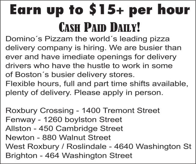 #D Delivery driver wanted Full-time delivery driver wanted in busy Winchester pizza place. Must have US License. Call Chris (781) 729-6541. 883 Main Street, Winchester.