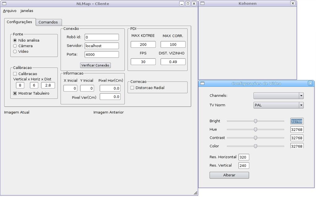 CAPÍTULO 5. RESULTADOS 85 Figura 5.1: Interface principal do sistema desenvolvido com as janelas de ajuste de vídeo e de mapeamento.